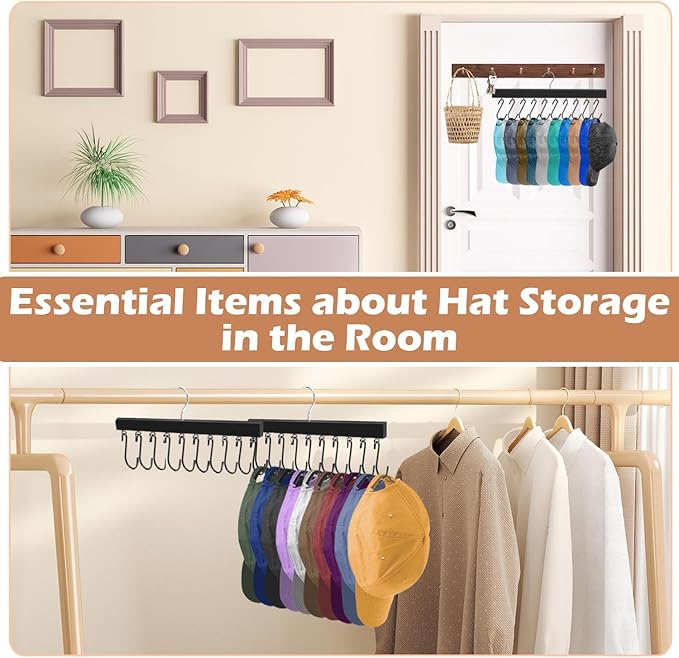 2 Pack Hat Organizer for Baseball Caps, 360 Degree Rotating Hat Storage for Baseball Caps Organizer with 10 Stainless Steel Hooks, Wooden Hanging Closet Organizer