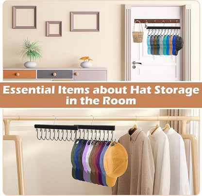 2 Pack Hat Organizer for Baseball Caps, 360 Degree Rotating Hat Storage for Baseball Caps Organizer with 10 Stainless Steel Hooks, Wooden Hanging Closet Organizer