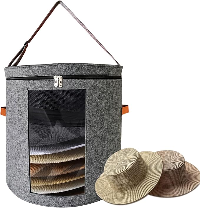 Varku Foldable Hat Storage Box, 18.9 x 16.5 in Felt Cowboy Hat Organizer, Large Capacity, Dustproof, Clear Window, Dual Zipper, Space Saving for Hats, Dark Gray
