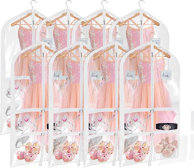 Univivi Clear PVC Dance Costume Garment Bag 40 Inch Hanging Garment Bag for Dance for Kids, with 4 Medium Clear Zipper Pockets and 1 Large Back Zippered Pocket (8 Pack)