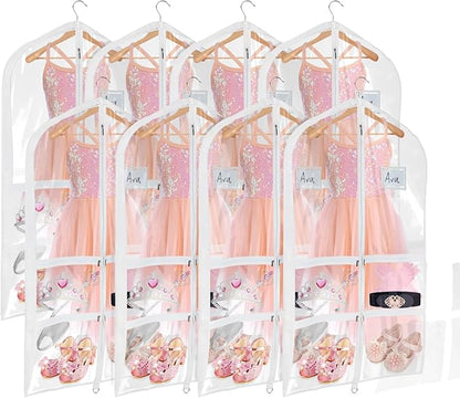 Univivi Clear PVC Dance Costume Garment Bag 40 Inch Hanging Garment Bag for Dance for Kids, with 4 Medium Clear Zipper Pockets and 1 Large Back Zippered Pocket (8 Pack)