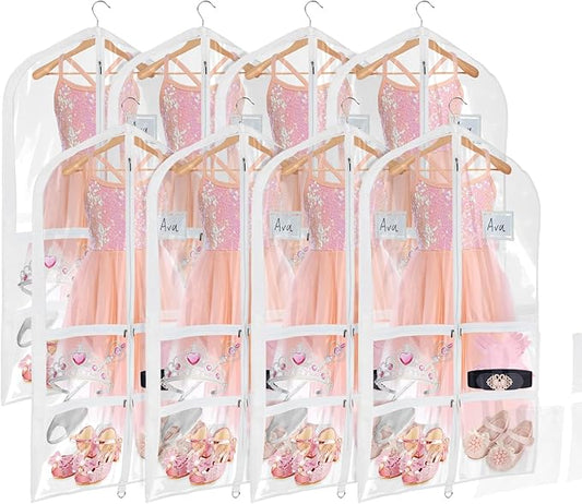 Univivi Clear PVC Dance Costume Garment Bag 40 Inch Hanging Garment Bag for Dance for Kids, with 4 Medium Clear Zipper Pockets and 1 Large Back Zippered Pocket (8 Pack)