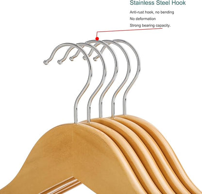 Wooden Coat Hangers 20 Pack,Nature Color with Shoulder Notches Suitable for Slip Dresses,Shirts, Blouses,Coats,360° Rotating Silver Hook Solid Wood Hanger