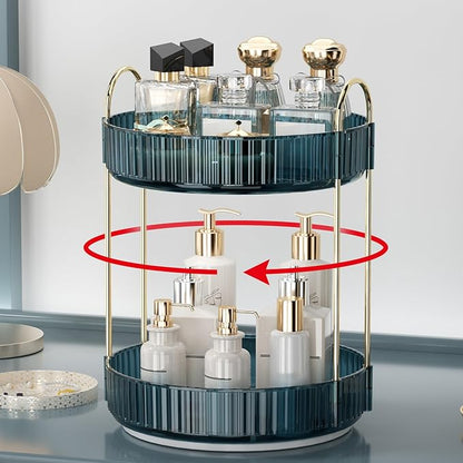 360 Rotating Makeup Organizer for Vanity, Bathroom Countertop Organizer Spinning Perfume Organizer, High-Capacity Cosmetic and Skincare Dresser Make Up Holder Rack (2 Tiers, Blue)