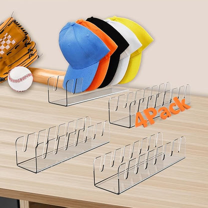 Kssvzz 4 Pack Hat Storage Organizer for Baseball Caps - Acrylic Hat Display Rack for 28 Ball Caps, No Install Hats Stand Shelf for Trucker and Golf Cap, Hats Holder for Closet, Bedroom (Clear)