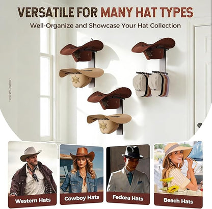 Cowboy Hat Rack for Wall, Cowboy Hat Holder Wall Mount Holds up to 6 Hats, Wooden Western Rustic Metal Hat-Organizer with Arrow Sign Board, Display and Decor Rack for Fedora, Sun Hats,Baseball Caps