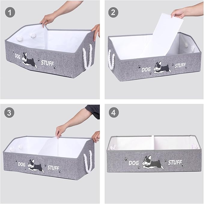 Large Dog Toy Basket with Handles, 28.5" Collapsible Multi-Purpose Hard Board Dog Toy box, Clothes, Cute for Living Room Area (Grey,Cream)