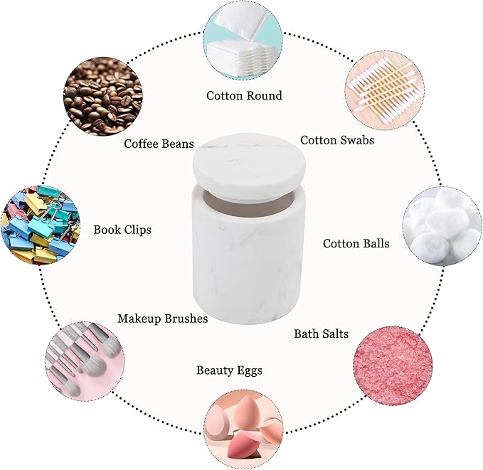 Natural Marble Canister, Cotton Swab Holder with Lid, High Capacity Bathroom Qtip Holder Storage for Cotton Swab, Floss Picks, Makeup Pad, Bath Salt, Jazz White(NS020)