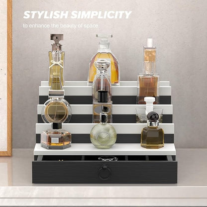 upcessory Cologne Organizer for Men, 4 Tier Black Wood Perfume Organizer with Felt Lining Drawer and Hidden Compartment, Perfume Display Holder, A Gift for Men