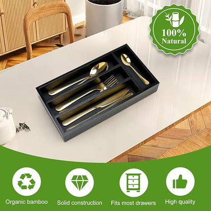 Small Silverware Organizer for Drawer Bamboo Kitchen Utensil Tray Narrow Cutlery Drawer Organizer Flatware Caddy Wooden Utensil Drawers Spoon Fork Holder Black Skinny Silverware Trays Organizers