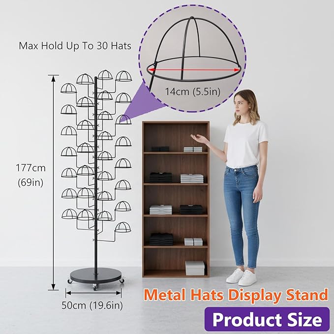 Metal Hats Display Rack with 30 Adjustable Hooks Floor Hat Rack Stand Hat Rack Display for Home Retail Store Hat Organizer Rack for Wig Cap(Black)