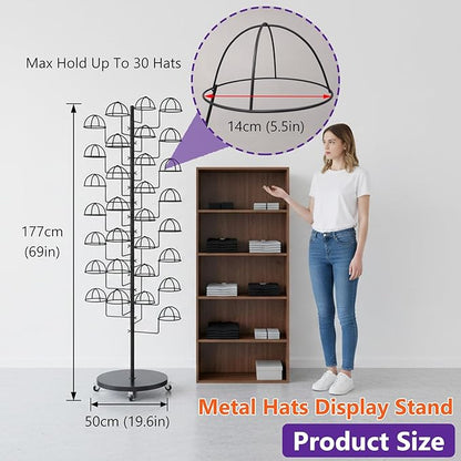 Metal Hats Display Rack with 30 Adjustable Hooks Floor Hat Rack Stand Hat Rack Display for Home Retail Store Hat Organizer Rack for Wig Cap(Black)