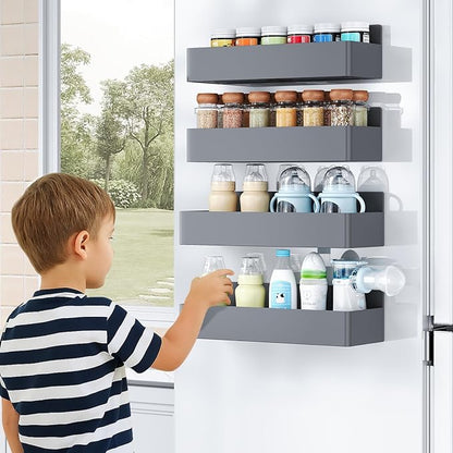 Mystozer Magnetic Spice Rack for Refrigerator, Kitchen Organizer and Storage Shelf, Grey (4 Pack)…