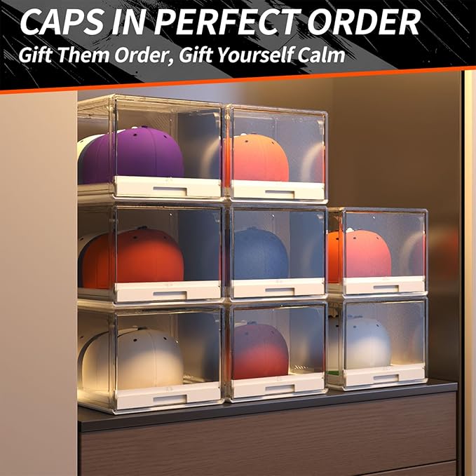 2 Pack Hat Organizer for Baseball Caps, Clear Hats Holder Box with Drawer for Closet, Large Cap Storage with Sliding Tray, Stackable Rack Display Case with Magnetic Door, Each Holds 12 Hats