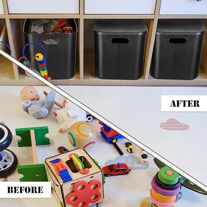Hoolerry 8 Pieces Colorful Storage Bins with Lid, Plastic Storage Basket Organizing Container Stackable Box with Handle for Shelves Desktop Playroom Office(14.2 x 10.2 x 9.5 Inch,Black)