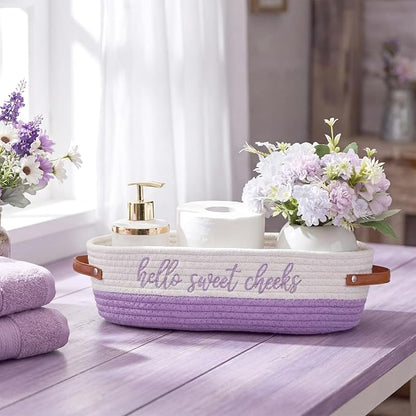 Hello Sweet Cheeks Bathroom Decoration Purple and White Cotton Rope Toilet Basket Toilet Paper Holder Basket Rustic Bathroom Organizer Farmhouse Home Decoration Organizing Small Baskets