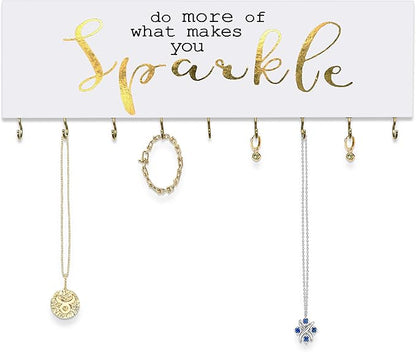 SANY DAYO HOME Do More of What Makes You Sparkle Wall Mount Necklace Holder Organizer with 9 Jewelry Hooks for Ring, Hair Bow, Headband, Purse - Wall Decor for Girls Room
