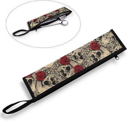 Rose Skull Cutlery Carry Case Camping Utensil Bag Outdoor Tableware Storage Bag Flatware Organizers for Park Backpacking Traveling 11.8 Inch Picnic Pouch Case