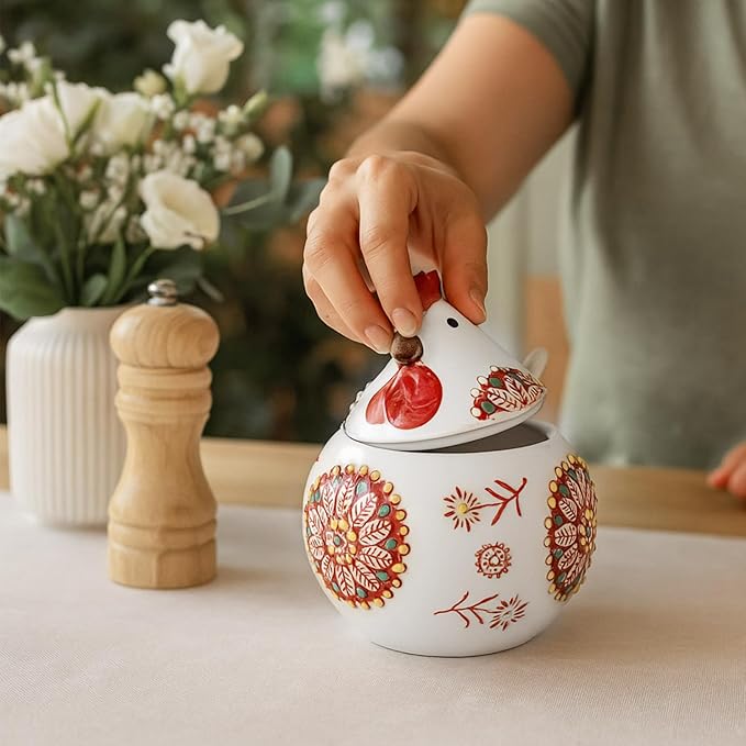 Ceramic Salt Cellar with Lid and Spoon, 13 oz Large Chicken Salt Jar, Chicken Sugar Containers for Countertop, Decorative Kitchen Holder for Coffee, Pepper, Seasonings, Spices, Candy(Red)