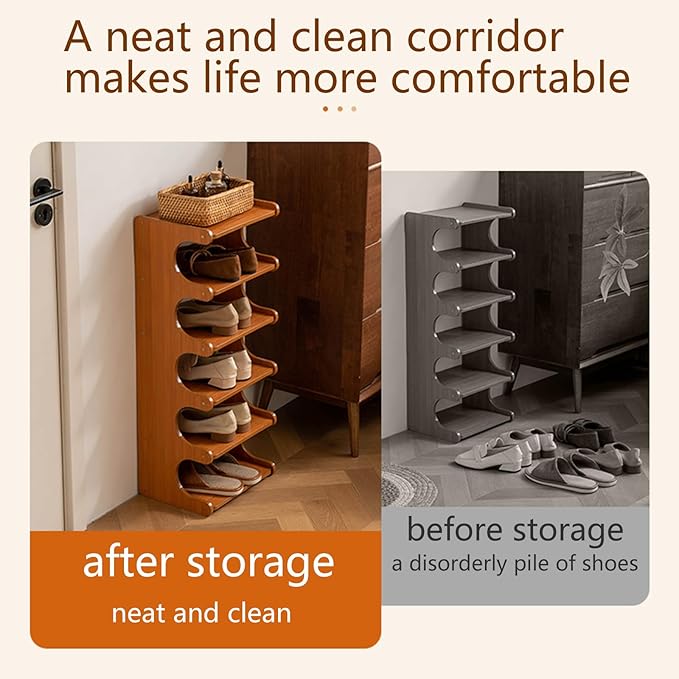 Tall Narrow Solid Wood Shoe Rack, 8 Tier Vertical Shoe Storage Tower, Freestanding Corner Organizer for Small Entryways, Slim Space-Saving Shoe Rack (12.6" L x 9.84" W x 44.1" H)