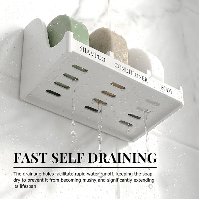 Soap Holder for Shower Wall, 3-Compartment Soap Dish for Shampoo, Conditioner and Body Soap, Fast Draining & Rust-Proof & Heavy Duty, Ultra-Strong Self Adhesive & Freestanding (White, Label)