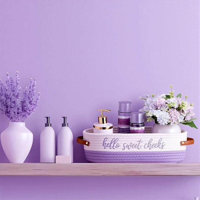 Hello Sweet Cheeks Bathroom Decoration Purple and White Cotton Rope Toilet Basket Toilet Paper Holder Basket Rustic Bathroom Organizer Farmhouse Home Decoration Organizing Small Baskets