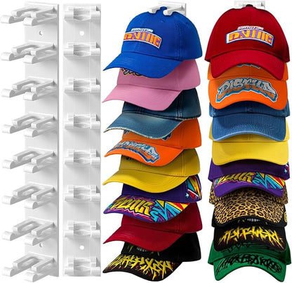 Hat Organizer for Baseball Caps Wall, 2 Pack Hat Holder for Closet Door Hold up to 16 Hats,Hat Hook with Adhesive and 8 Screws, Hat Hanger Cap Holder Hat Hangers for Wall Closet Door Bedroom(A-White)