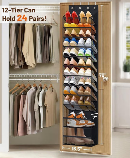 MISSLO 12 Tier Over the Door Shoe Organizer Hanging Shoe Rack for Closet Storage Sneaker Holder for Door Fit 24 Pairs Sandals, Heels, Boots (Black)