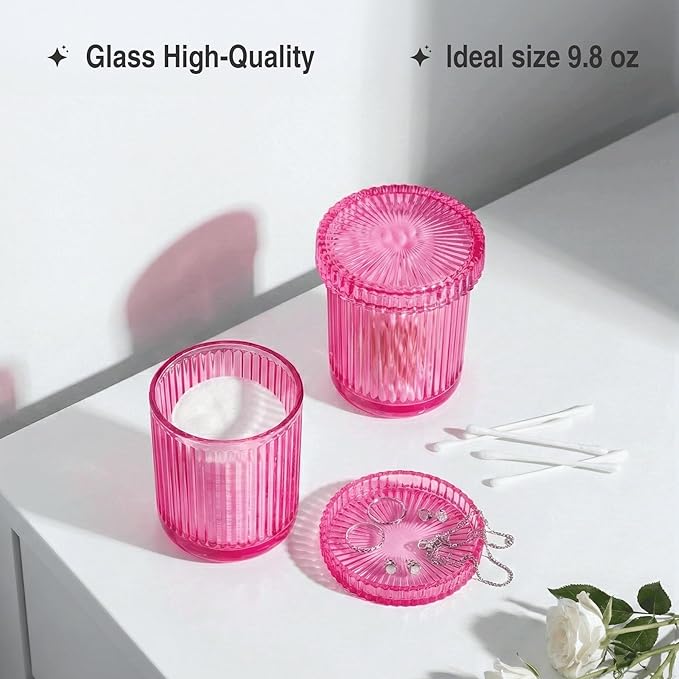 2 Pack Qtip Holder - Apothecary Jars with Lids, Bathroom Organizers and Storage Canister for Cotton Balls,Swabs,Floss Picks,Hair Ties,Clear Glass Vintage Bathroom Decor Jar Set (Pink2)