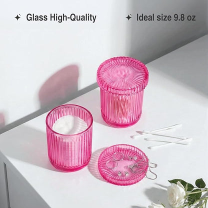 2 Pack Qtip Holder - Apothecary Jars with Lids, Bathroom Organizers and Storage Canister for Cotton Balls,Swabs,Floss Picks,Hair Ties,Clear Glass Vintage Bathroom Decor Jar Set (Pink2)