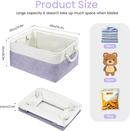 Large Storage Baskets- 15.7x11.8x8.26 inch Storage Bins for Shelves and Closet Organizing, Foldable Fabric Bin for Home Organization Clothes and Laundry (1-Pack, White&Purple)