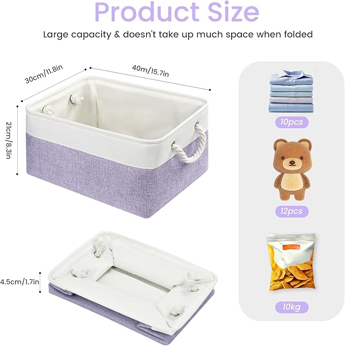 Large Storage Baskets- 15.7x11.8x8.26 inch Storage Bins for Shelves and Closet Organizing, Foldable Fabric Bin for Home Organization Clothes and Laundry (6-Pack, White&Purple)