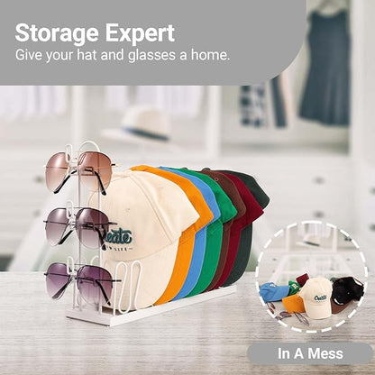 2-In-1 Glasses Hat Organizer for Baseball Caps, Carbon steel Hat Organizer with 3 Eyeglasses, Hat Rack Holds 8 Caps,Space-Saving for Bedroom, Closet, Dresser (White)