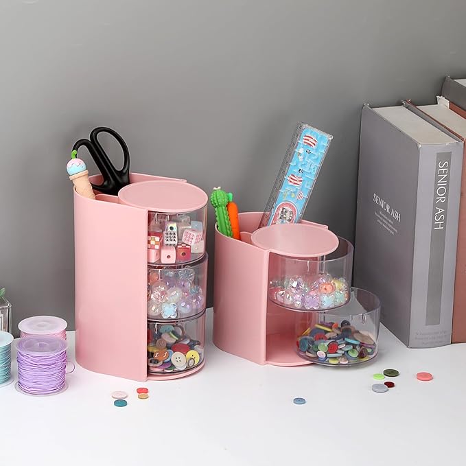 Plastic Hair Accessories Organizer with Brush Holder Rotating Makeup Container Jewelry Storage Box for Vanity Bathroom Countertop, 2-Layer Pink