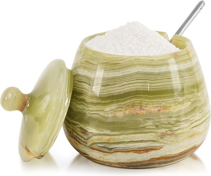 Green Onyx Marble Salt Cellar – 4.5 Inch Salt Container, Salt Jar, Salt Dish, Salt Holder, Spice Jar, Sugar Bowl, Celtic Salt, Table Salt Storage for Kitchen Countertop