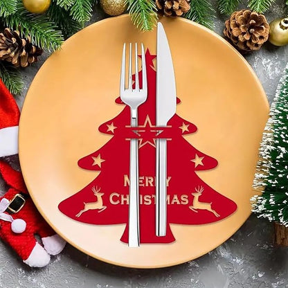 12 Pcs Christmas Tree Flatware Holder Xmas Tree Shaped Cutlery Holder Bags Knife Folk Holder Pockets Felt Silverware Tableware Cover Table Decoration for Christmas New Year Party Dinner Table Décor