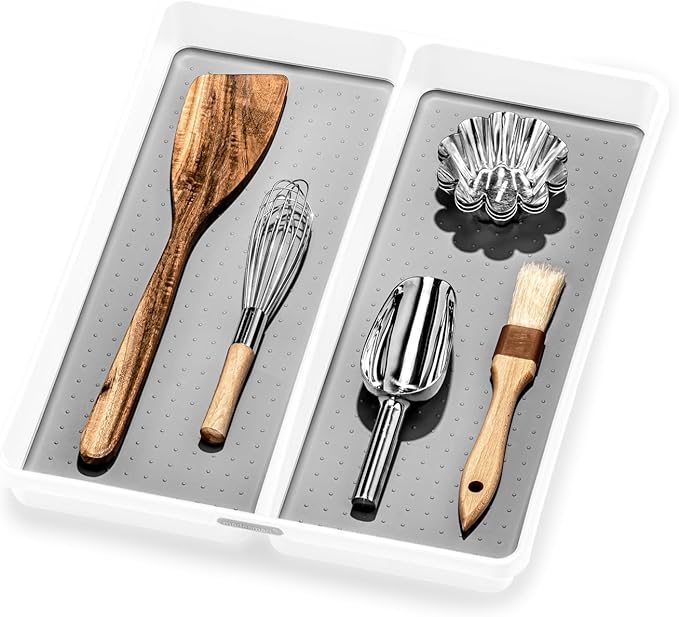 madesmart Premium 2 Compartment Utensil Tray, Deep Storage for Ladles, Whisks & Serving Tools, Non Slip Lining, for Drawers & Home Organization, White