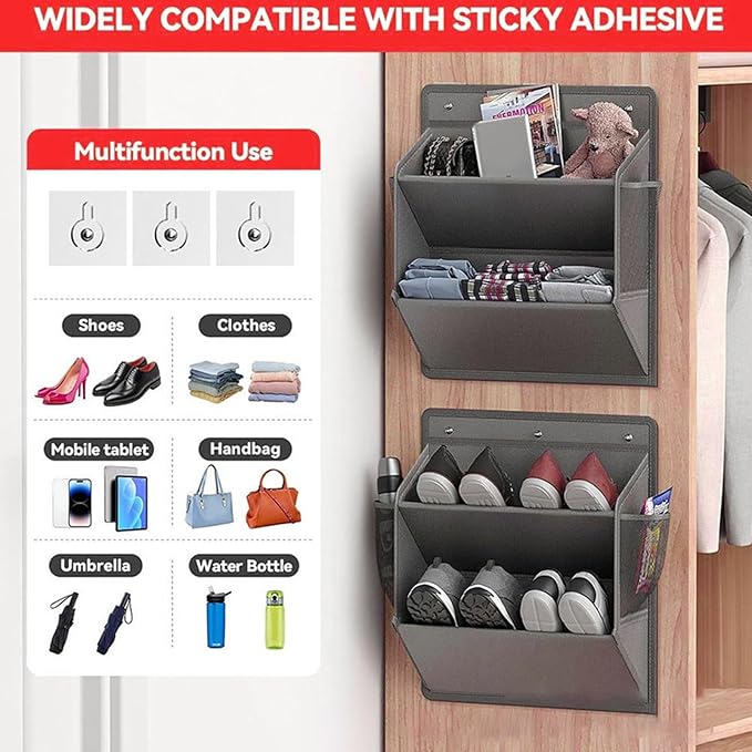Cyrank Shoe Storage with Adhesive Hook, 2 Tier Wall Hanging Shoe Organizer over the Door Narrow Sneakers Holder Space Saving Oxford Cloth for Bathroom, Rv, Pantry, Camping (Gray)