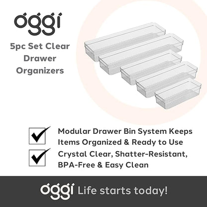 Oggi Set of 5 Clear Drawer Organizers - (1) 3x6.25, (2) 3x9.5, (2) 3x12.5 - Ideal for Organizing Kitchen Drawers, Office, Desk, Silverware, Kitchen Utensils, Cosmetics and Bathrooms