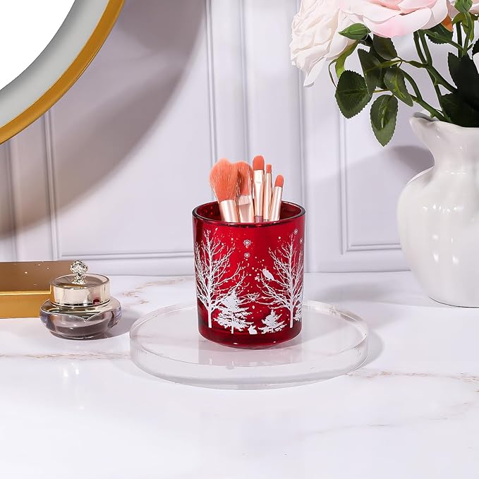 DASITON Makeup Brush Holder Organizer, Crystal Glass Cosmetic Makeup Brushes Storage Holder, Christmas Tree Make Up Brush Cup for Vanity Décor, Small Pen Holders for Desk, Toothbrush Holders (Red)