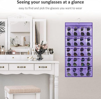 Hanging Sunglasses Organizer Wall Mounted Eyeglasses Holder with 20 Clear Slots (PURPLE)