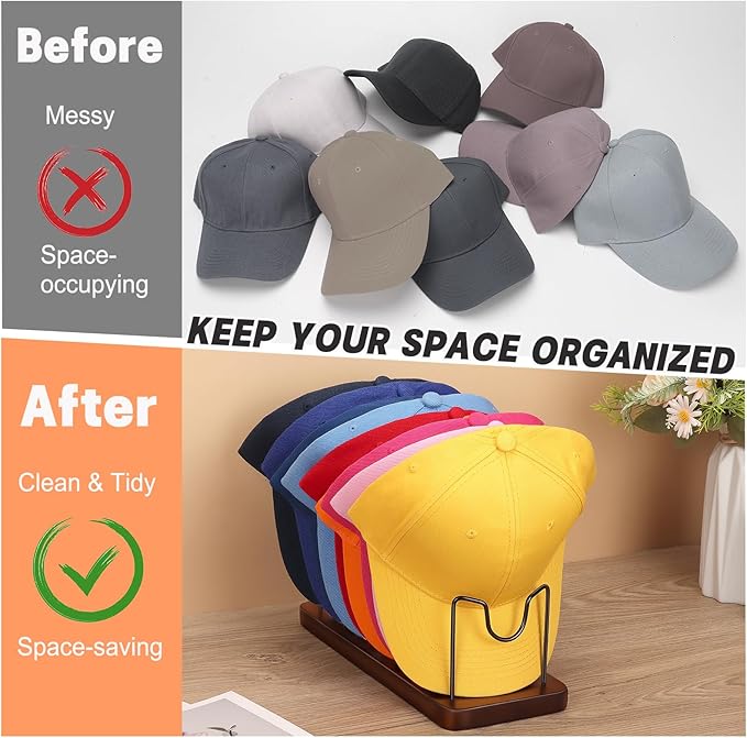 Hat Organizer for Baseball Caps, Hat Rack Stand for 10 Hats Wood Metal Hat Holder Storage Baseball Cap Organizer for Closet Dresser Desk (Brown, 1 Pack)
