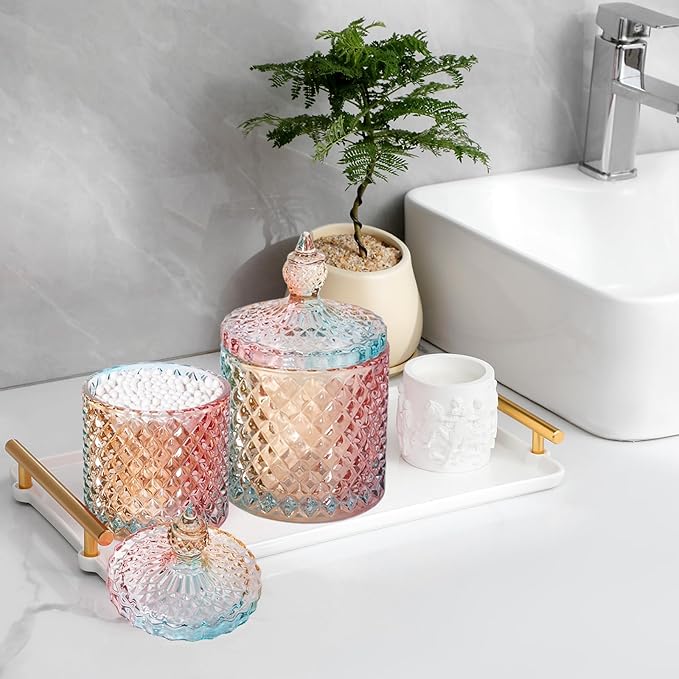 2 Pack Qtip Holder Glass Bathroom Accessories Vanity Organizers and Makeup Storage for Cotton Swabs, Balls, Pads, Floss Picks, Candy, Small and Large Rainbow