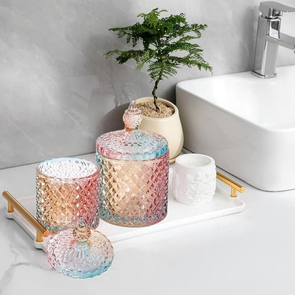 2 Pack Qtip Holder Glass Bathroom Accessories Vanity Organizers and Makeup Storage for Cotton Swabs, Balls, Pads, Floss Picks, Candy, Small and Large Rainbow