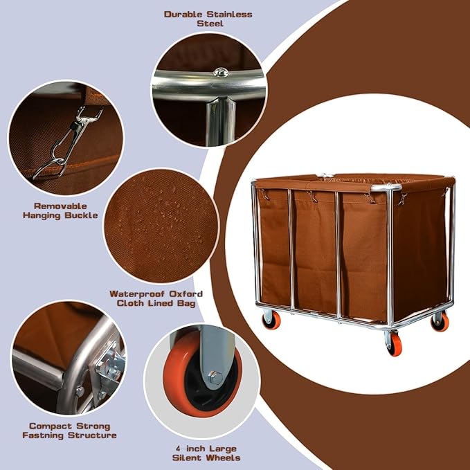 Commercial Laundry Cart with Wheels, 400L Large Capacity Heavy Duty Stainless Laundry Basket,Laundry Sorter for Clothes Storage,330 lbs Load (Brown)