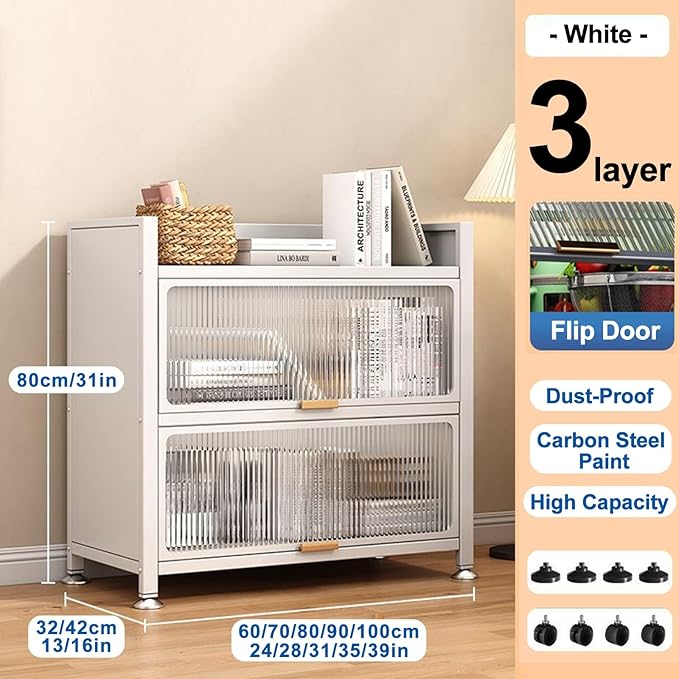 3-Tier Bread Rack & Coffee Station Storage, Transparent Flip Door, Kitchen Hutch Organizer for Home, Office, Pantry & Garage, White 90cm/35in - Multi-Purpose Rack