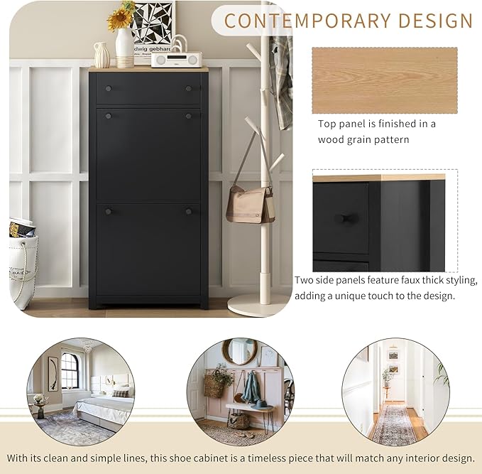 Modern Shoe Cabinet with 2 Flip Doors and 1 Storage Drawer Free-Standing Wooden Shoe Rack Shoe Storage Organizer for Entryway Hallway Small Space(Black&Natural)