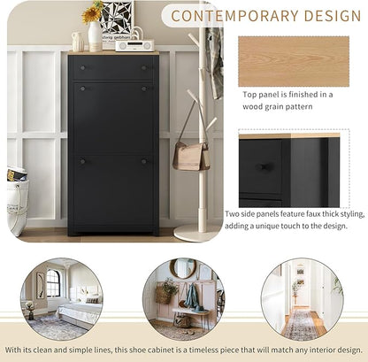 Modern Shoe Cabinet with 2 Flip Doors and 1 Storage Drawer Free-Standing Wooden Shoe Rack Shoe Storage Organizer for Entryway Hallway Small Space(Black&Natural)