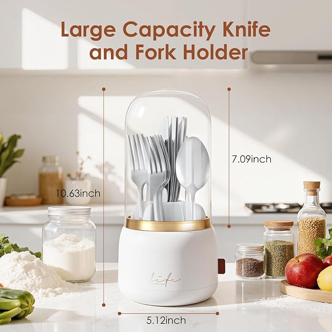 EXIN DECHEN 360° Rotation Silverware Organizer for Kitchen Counter,Utensil Holder Caddy Silverware Caddy Holder for Party,Spoon and Fork Organizer,7 Slots and Intermediate Drainage Device with Cover