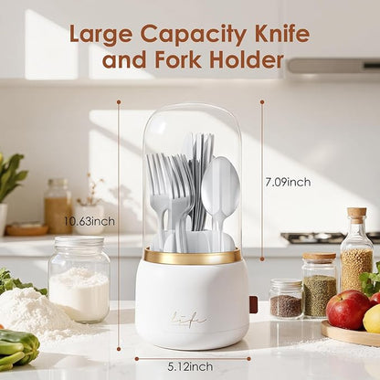 EXIN DECHEN 360° Rotation Silverware Organizer for Kitchen Counter,Utensil Holder Caddy Silverware Caddy Holder for Party,Spoon and Fork Organizer,7 Slots and Intermediate Drainage Device with Cover
